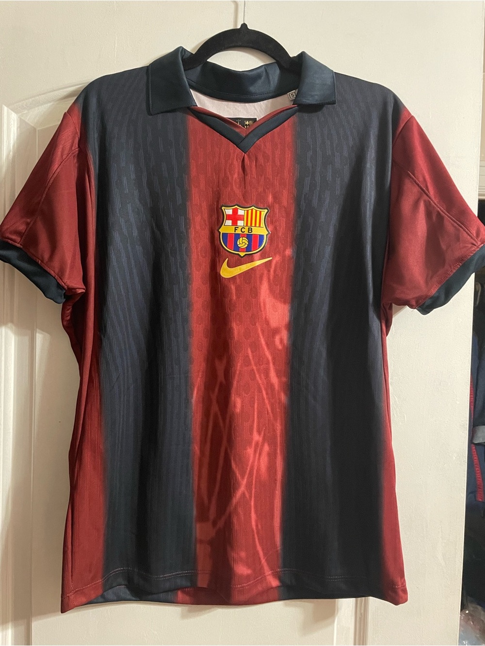 FC Barcelona Men's Red and Navy Short Sleeve Soccer Jersey by Nike Small